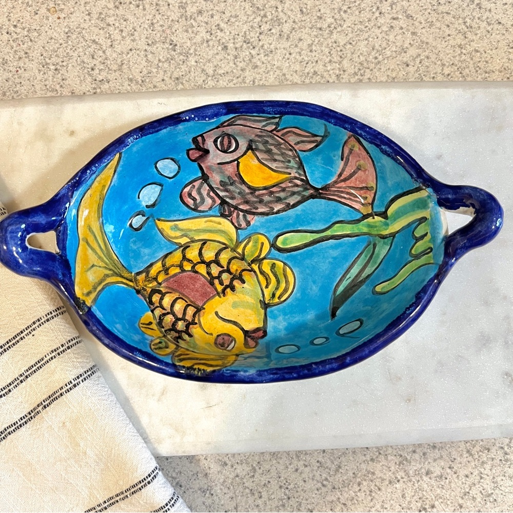 Mexican Folk Art Talavera Hand Painted Terracotta Dish Pisces Colorful Signed